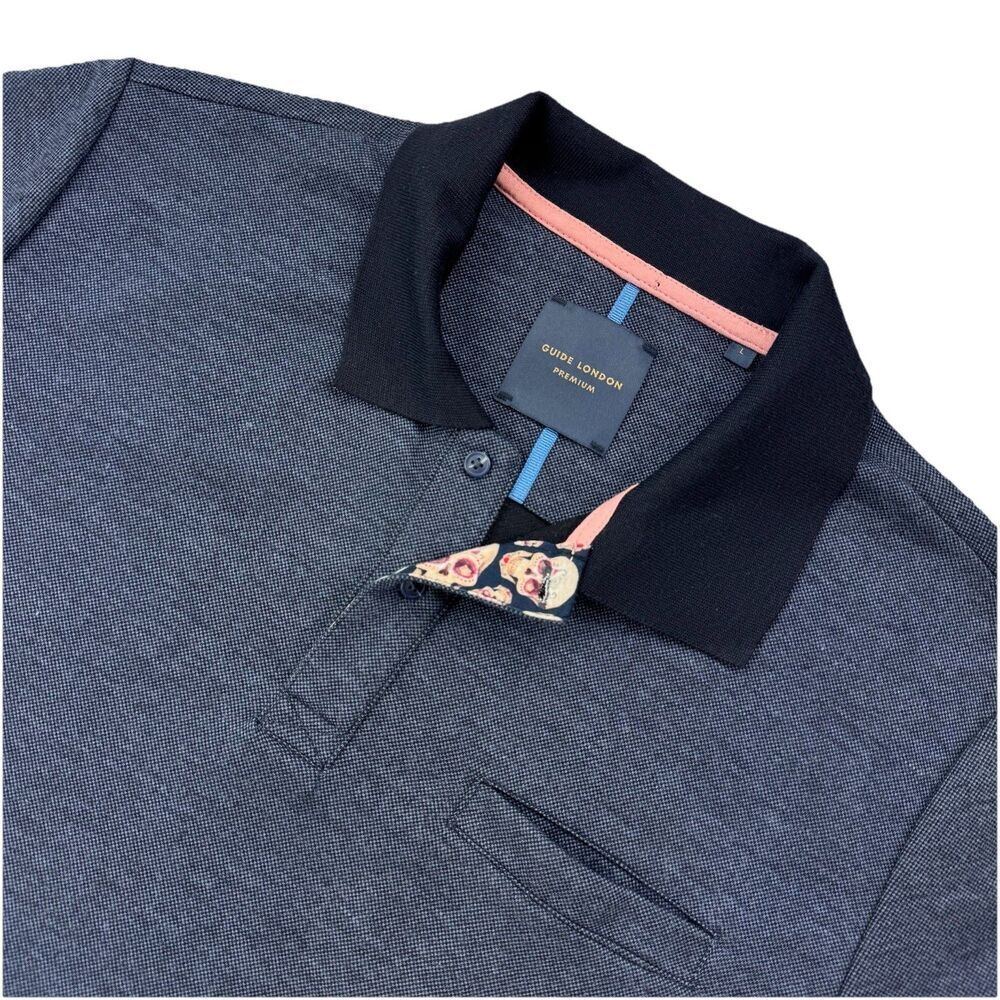 Guide London Polo Shirt Size Large Blue Hidden Skull Print Smart Polo Golf
